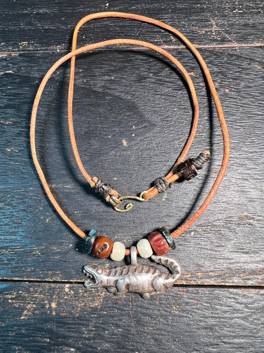 Tibetan Sterling Silver Crocodile Necklace | 925 Silver Amulet with Turquoise Spacers & Tribal Beads | Himalayan Jewelry