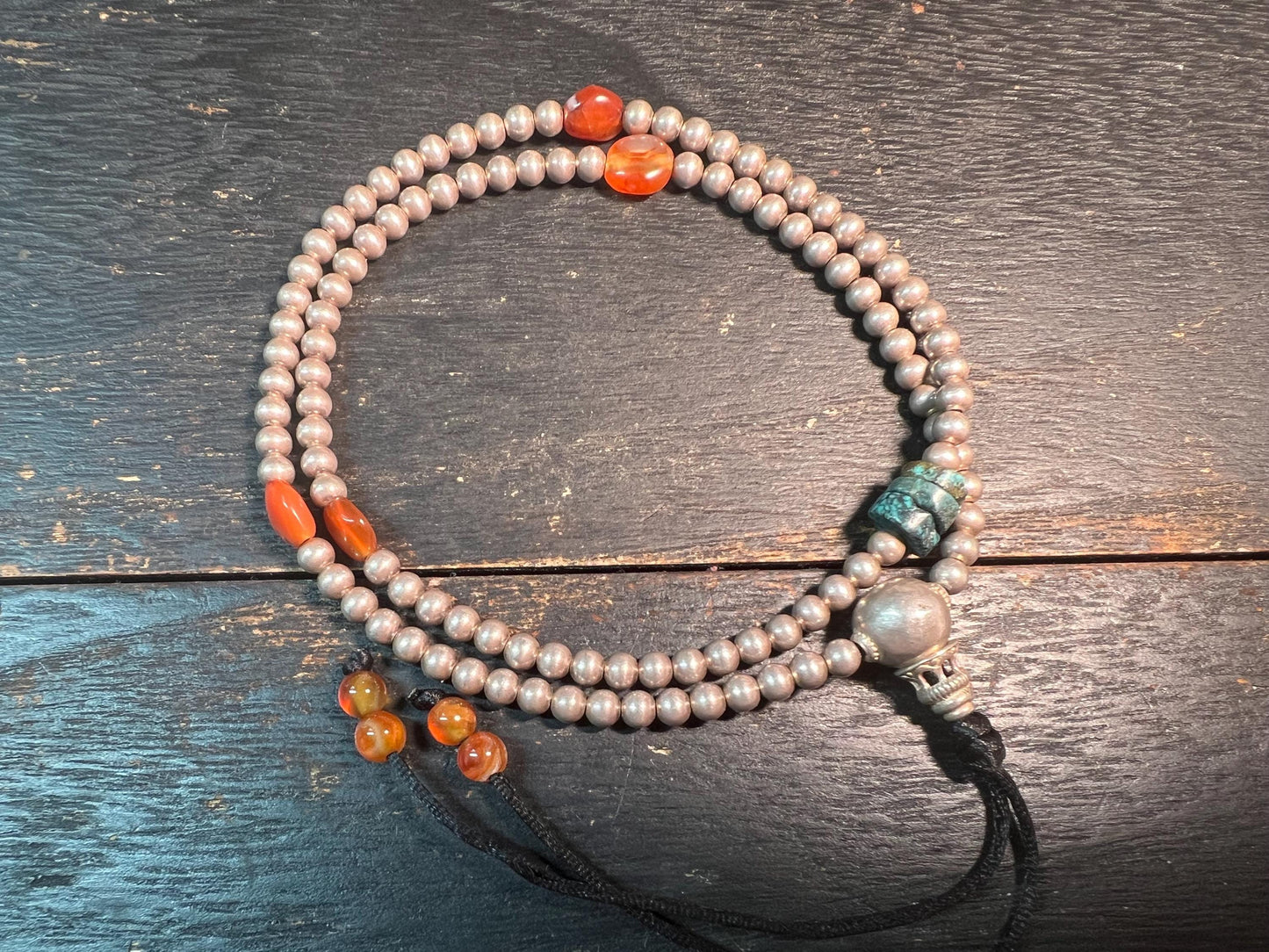 Antique Silver Mala from Nepal | 108 Prayer Beads with Turquoise & Carnelian | Tibetan Buddhist Rosary with Old Silver Guru Bead
