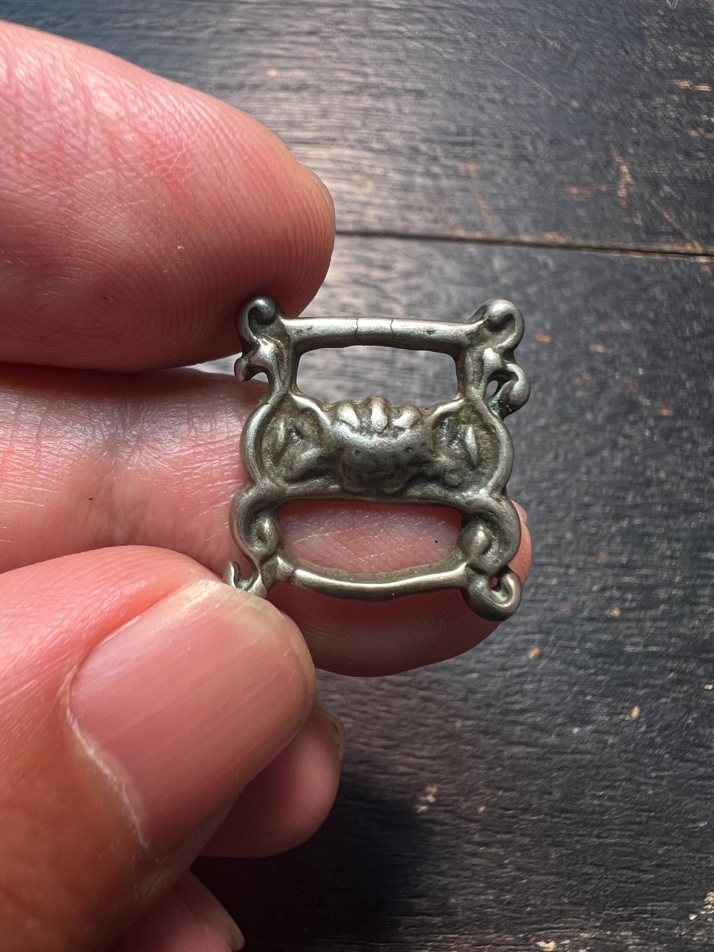 Vintage Tibetan Buddhist Stupa Buckle Amulet – White Brass Ritual Book Ornament