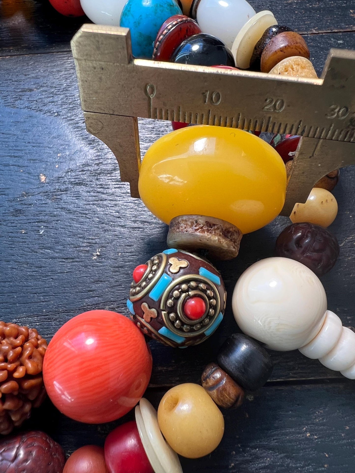 Colorful Tibetan Multi-Gem Mala | Nepal Inlay Beads, Yak Bone, Bodhi Seeds & Resin Prayer Necklace | Handmade Buddhist Jewelry