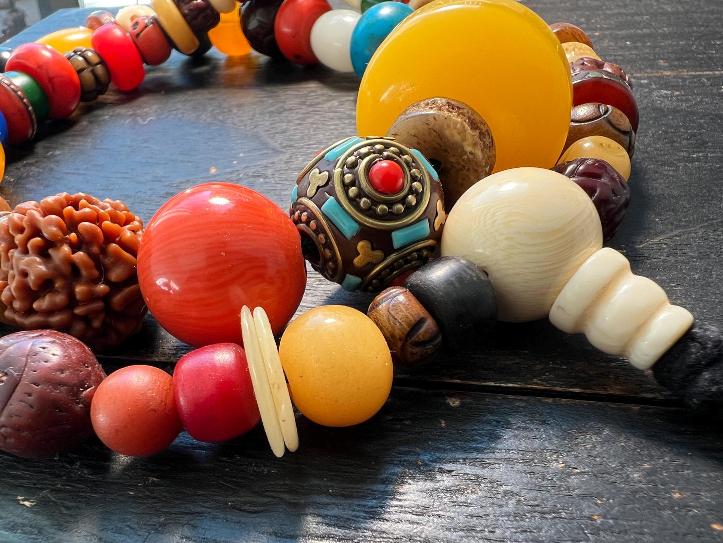 Colorful Tibetan Multi-Gem Mala | Nepal Inlay Beads, Yak Bone, Bodhi Seeds & Resin Prayer Necklace | Handmade Buddhist Jewelry