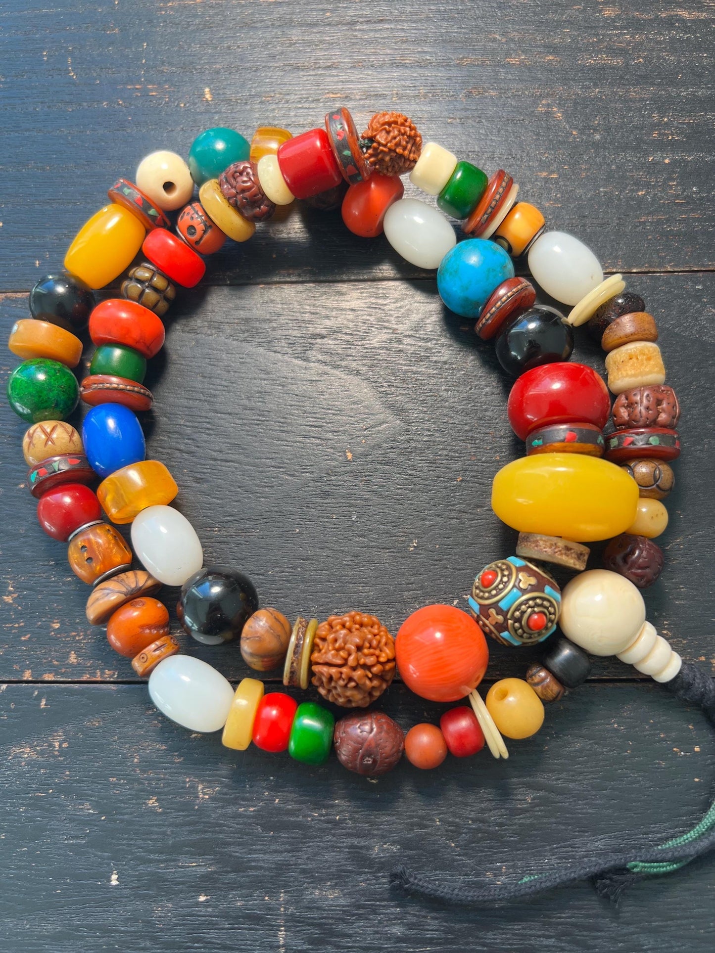 Colorful Tibetan Multi-Gem Mala | Nepal Inlay Beads, Yak Bone, Bodhi Seeds & Resin Prayer Necklace | Handmade Buddhist Jewelry