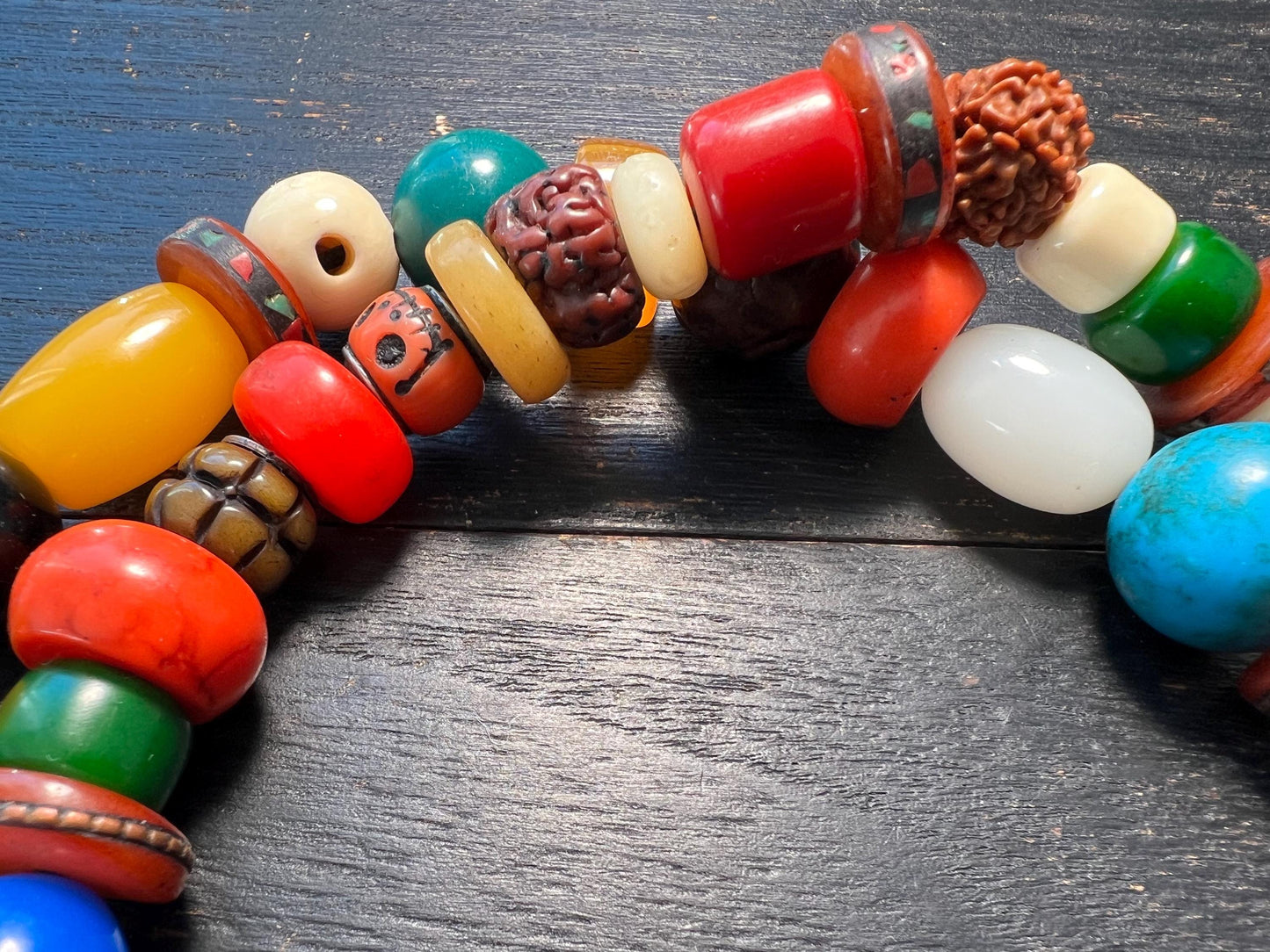 Colorful Tibetan Multi-Gem Mala | Nepal Inlay Beads, Yak Bone, Bodhi Seeds & Resin Prayer Necklace | Handmade Buddhist Jewelry