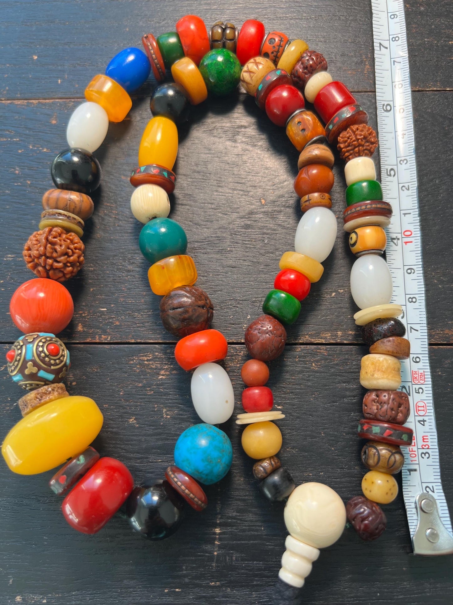 Colorful Tibetan Multi-Gem Mala | Nepal Inlay Beads, Yak Bone, Bodhi Seeds & Resin Prayer Necklace | Handmade Buddhist Jewelry