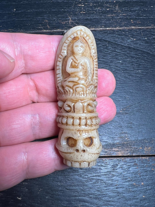 Antique Yak Bone Buddha Amulet Pendant | Hand-Carved Himalayan Talisman | Tibetan Buddhist Skull Protection Charm
