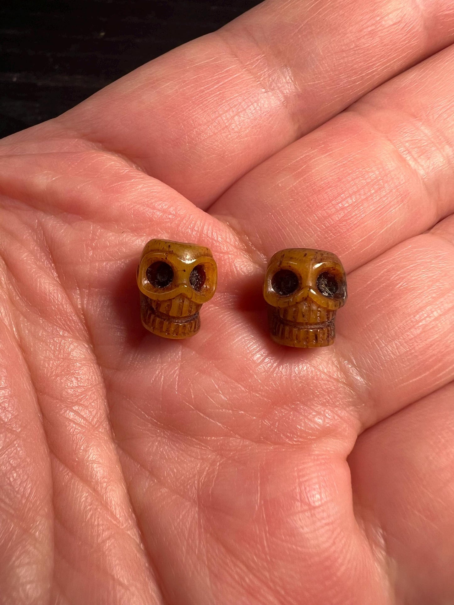 Set of 2 Hand-Carved Yak Bone Skull Beads | Tibetan Artisan Beads for Mala & Jewelry Making | Natural Boho Tribal Beads