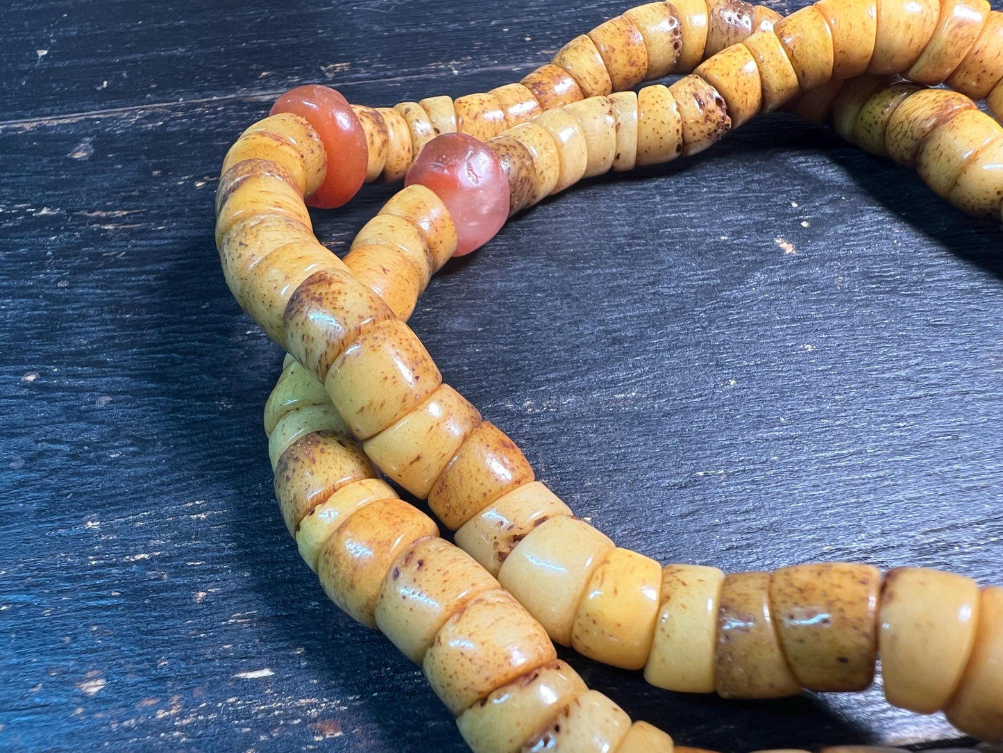 Tibetan Yak Bone Mala 108 Beads | Coral & Turquoise Accents | Buddhist Prayer Beads Necklace, Himalayan Meditation Rosary