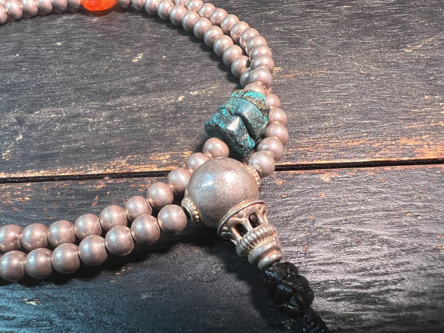 Antique Silver Mala from Nepal | 108 Prayer Beads with Turquoise & Carnelian | Tibetan Buddhist Rosary with Old Silver Guru Bead