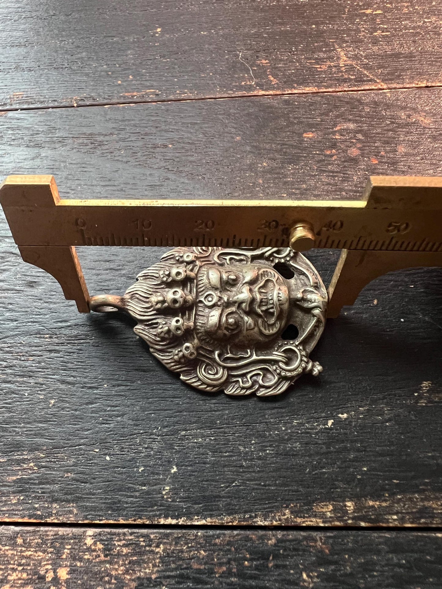 Old Tibetan Brass Mahakala Pendant | Wrathful Deity Buddha Head Amulet | Vintage Buddhist Talisman from Nepal Tibet