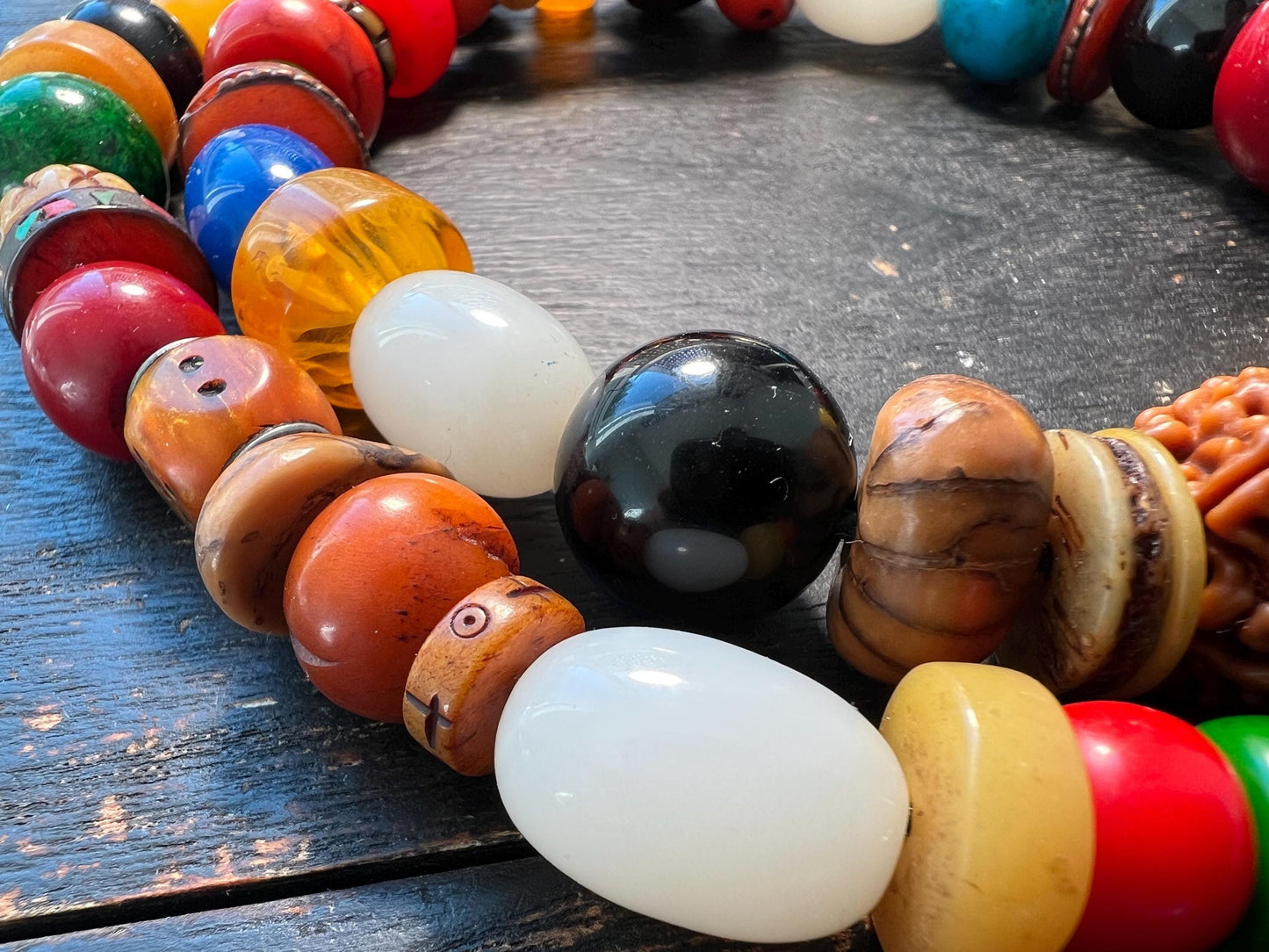 Colorful Tibetan Multi-Gem Mala | Nepal Inlay Beads, Yak Bone, Bodhi Seeds & Resin Prayer Necklace | Handmade Buddhist Jewelry