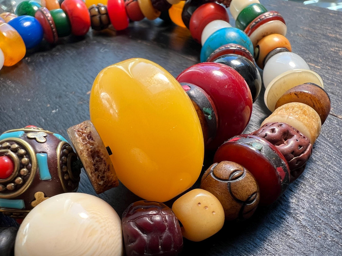 Colorful Tibetan Multi-Gem Mala | Nepal Inlay Beads, Yak Bone, Bodhi Seeds & Resin Prayer Necklace | Handmade Buddhist Jewelry