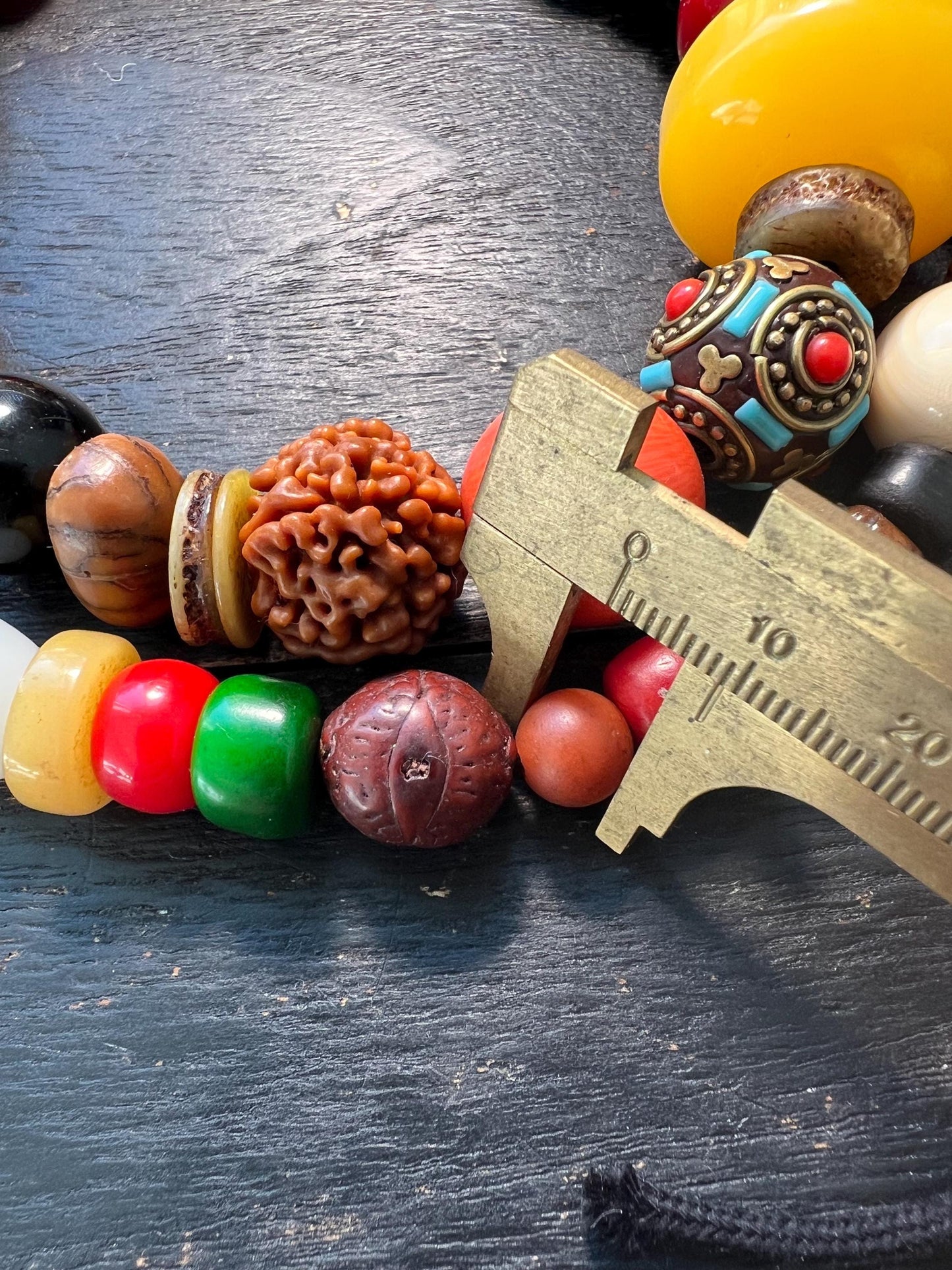 Colorful Tibetan Multi-Gem Mala | Nepal Inlay Beads, Yak Bone, Bodhi Seeds & Resin Prayer Necklace | Handmade Buddhist Jewelry