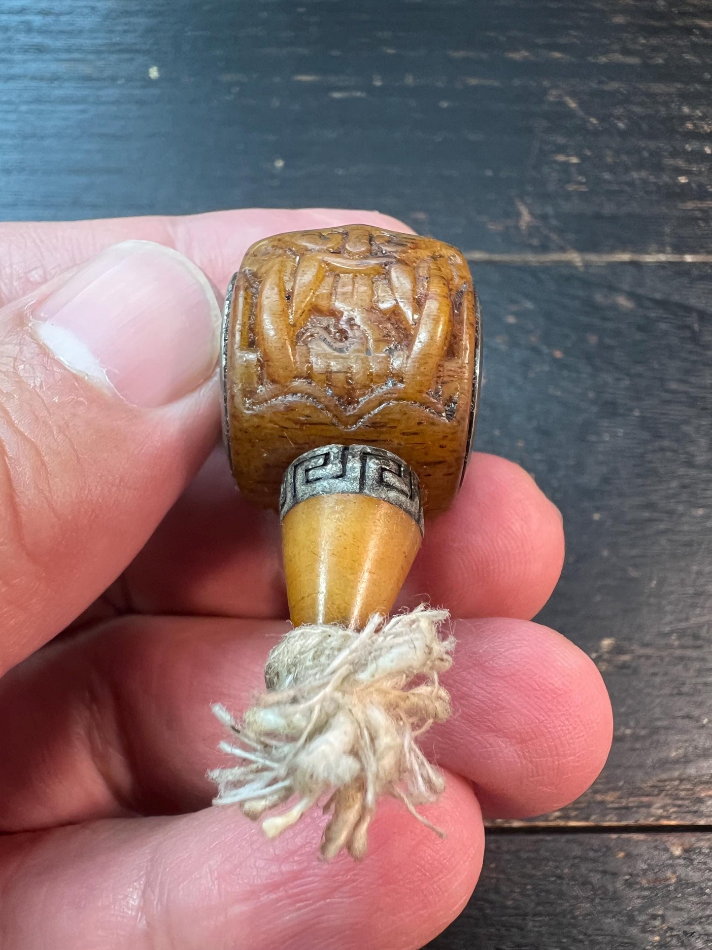 Hand-Carved Tibetan Yak Bone Guru Bead with Citipati Protector & (Om) Mantra – Spiritual Mala Connector with Brass Accent