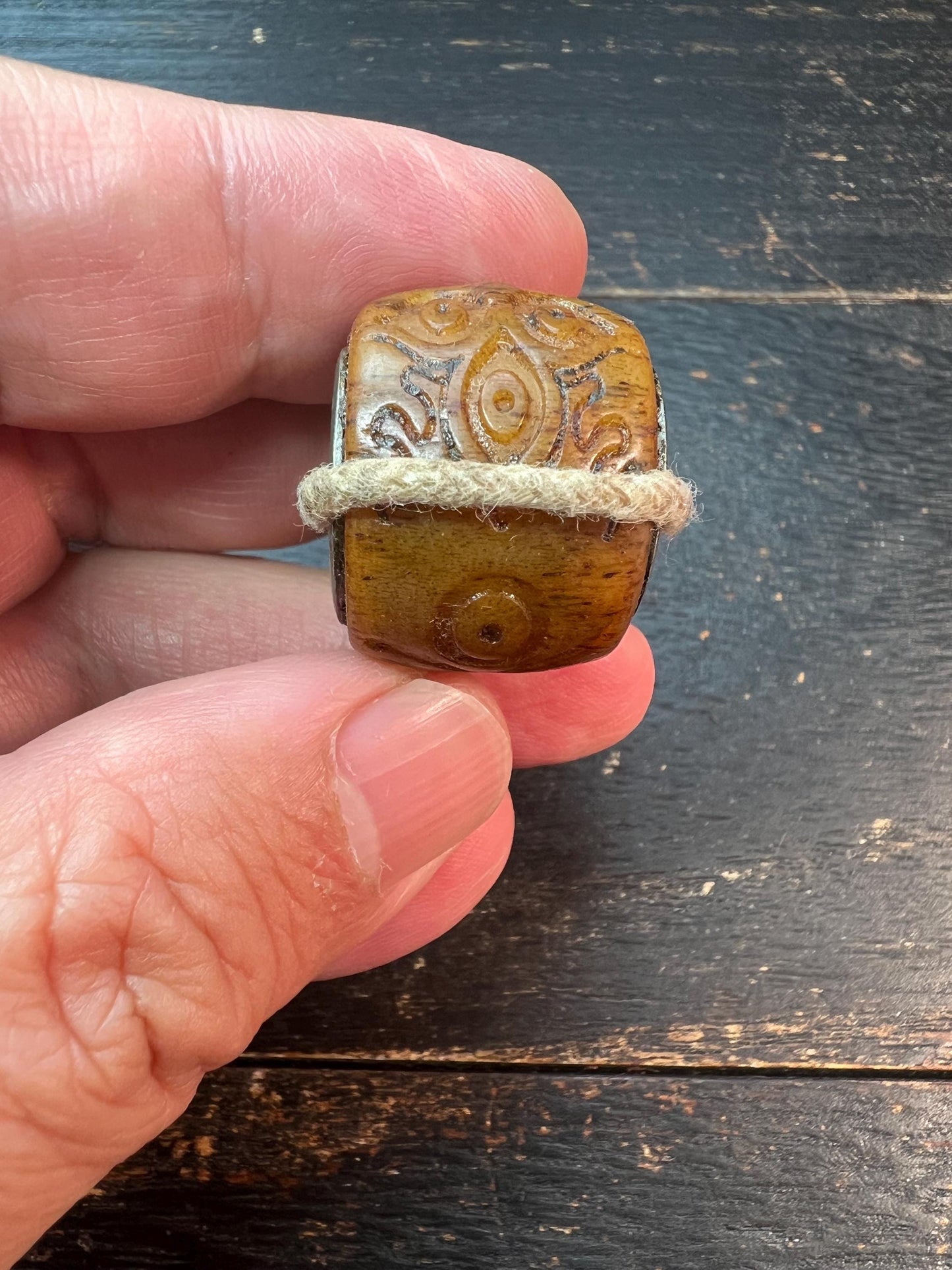 Hand-Carved Tibetan Yak Bone Guru Bead with Citipati Protector & (Om) Mantra – Spiritual Mala Connector with Brass Accent