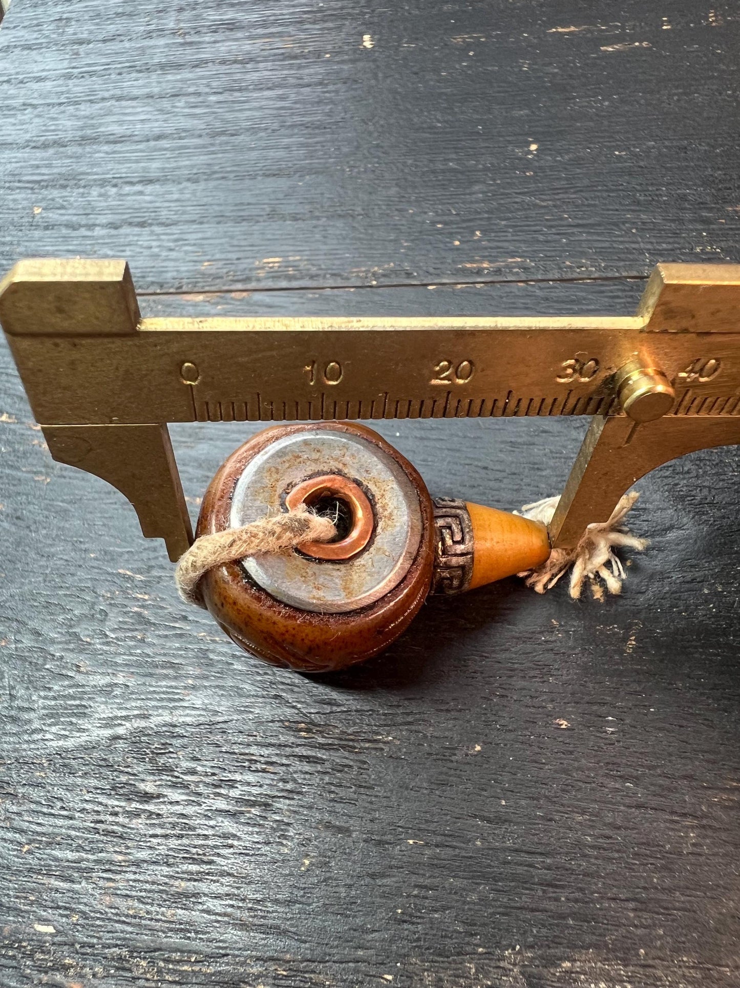Hand-Carved Tibetan Yak Bone Guru Bead with Citipati Protector & (Om) Mantra – Spiritual Mala Connector with Brass Accent