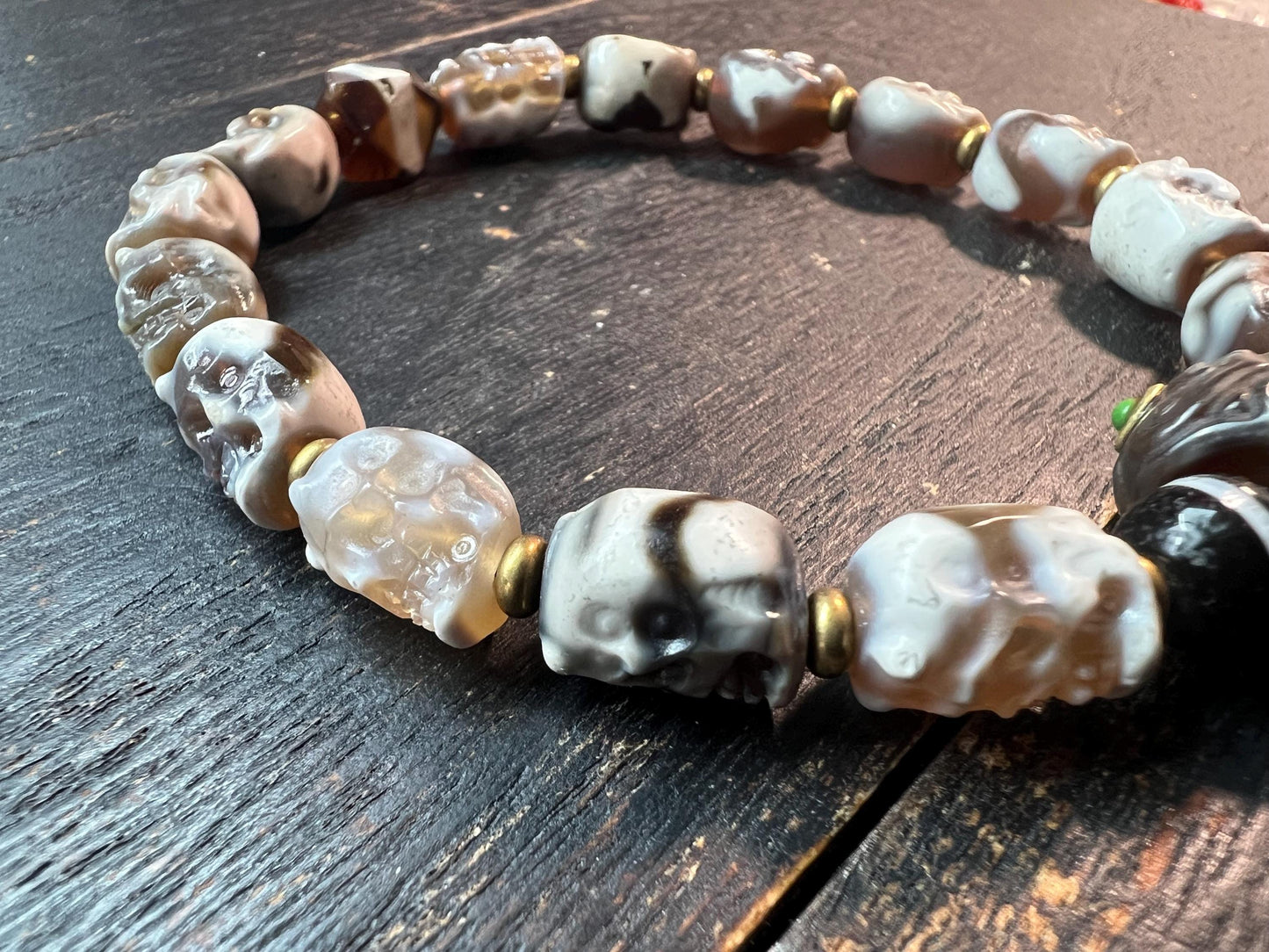 Tibetan Skull Mala Bracelet: Agate Charnel Beads, Dragon Dzi, Vajra Amulet