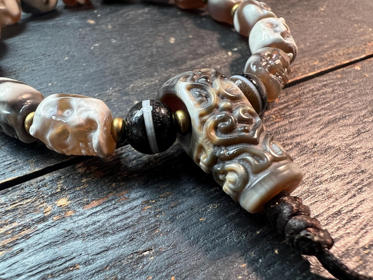 Tibetan Skull Mala Bracelet: Agate Charnel Beads, Dragon Dzi, Vajra Amulet