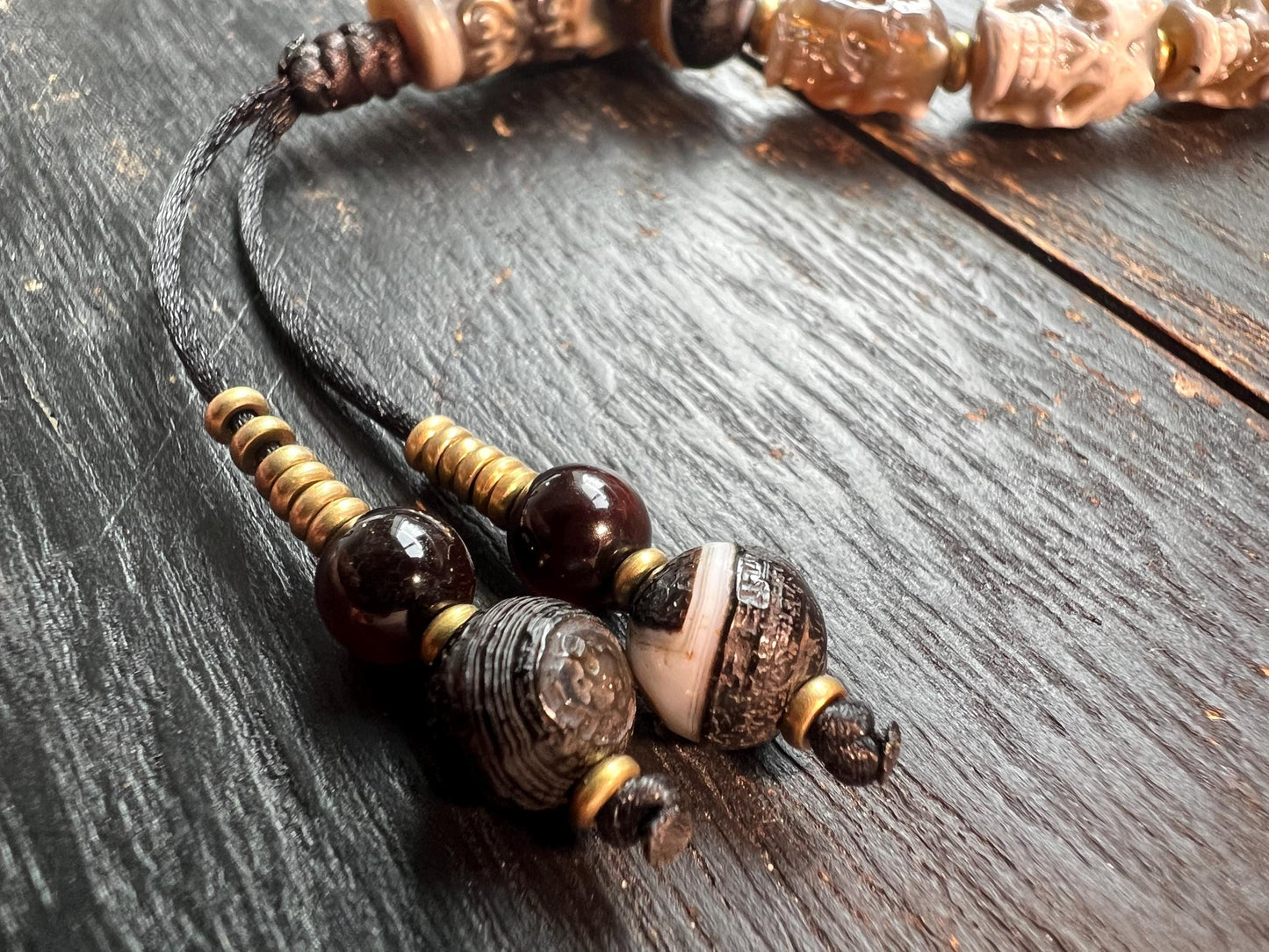 Tibetan Skull Mala Bracelet: Agate Charnel Beads, Dragon Dzi, Vajra Amulet