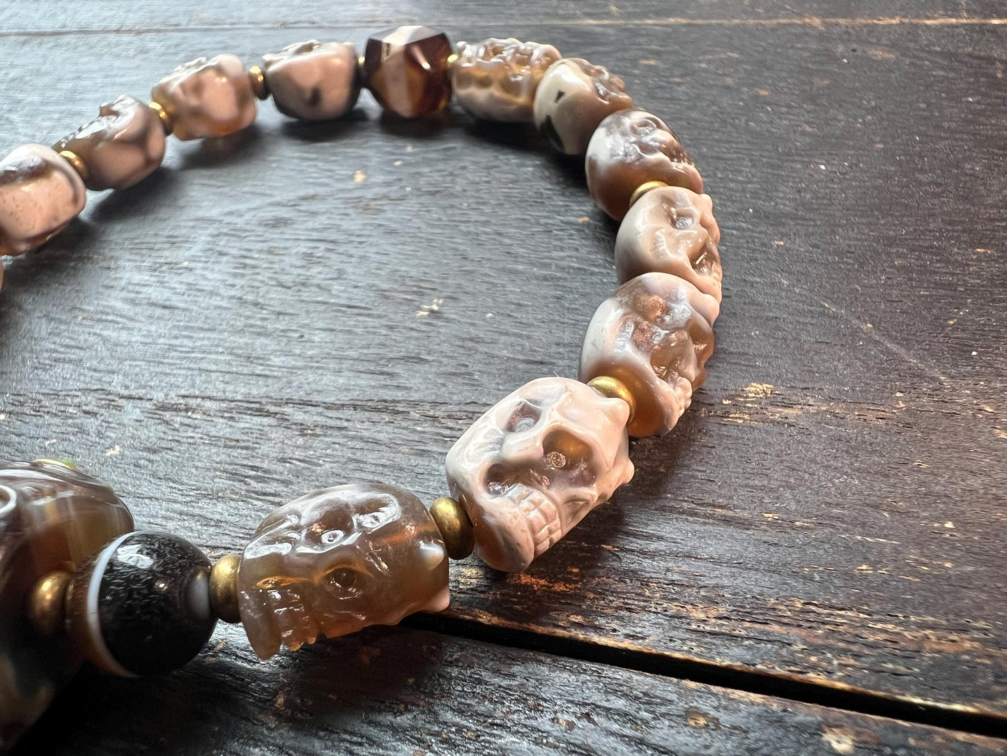 Tibetan Skull Mala Bracelet: Agate Charnel Beads, Dragon Dzi, Vajra Amulet