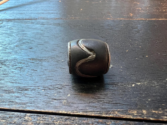 Tibetan Black Glass Barrel Bead with Iron Wave Inlay | Handmade Nepal Ethnic Spacer, Tribal Mala Jewelry Supply