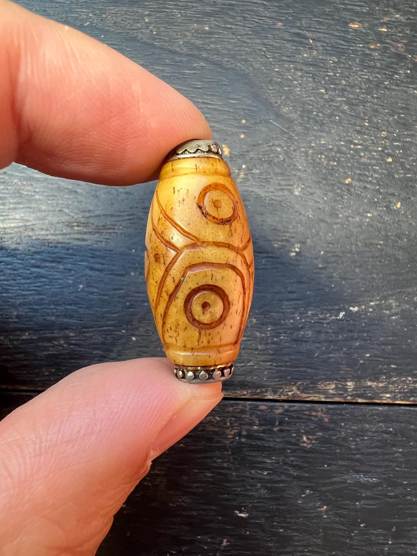 Hand-Carved Yak Bone Dzi Bead | Tibetan Silver Inlay Barrel Mala Spacer | Nepal Buddhist Amulet