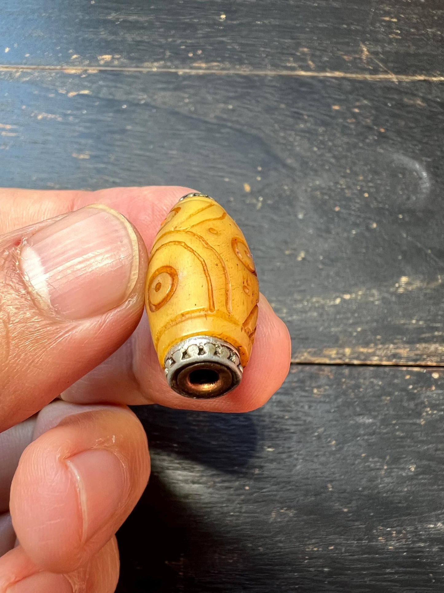 Hand-Carved Yak Bone Dzi Bead | Tibetan Silver Inlay Barrel Mala Spacer | Nepal Buddhist Amulet