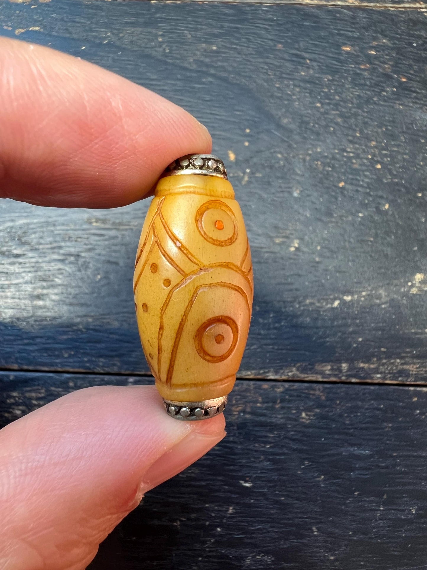 Hand-Carved Yak Bone Dzi Bead | Tibetan Silver Inlay Barrel Mala Spacer | Nepal Buddhist Amulet