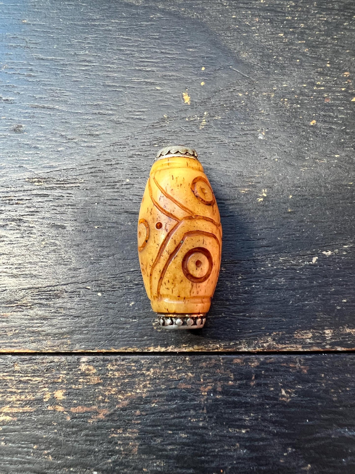 Hand-Carved Yak Bone Dzi Bead | Tibetan Silver Inlay Barrel Mala Spacer | Nepal Buddhist Amulet