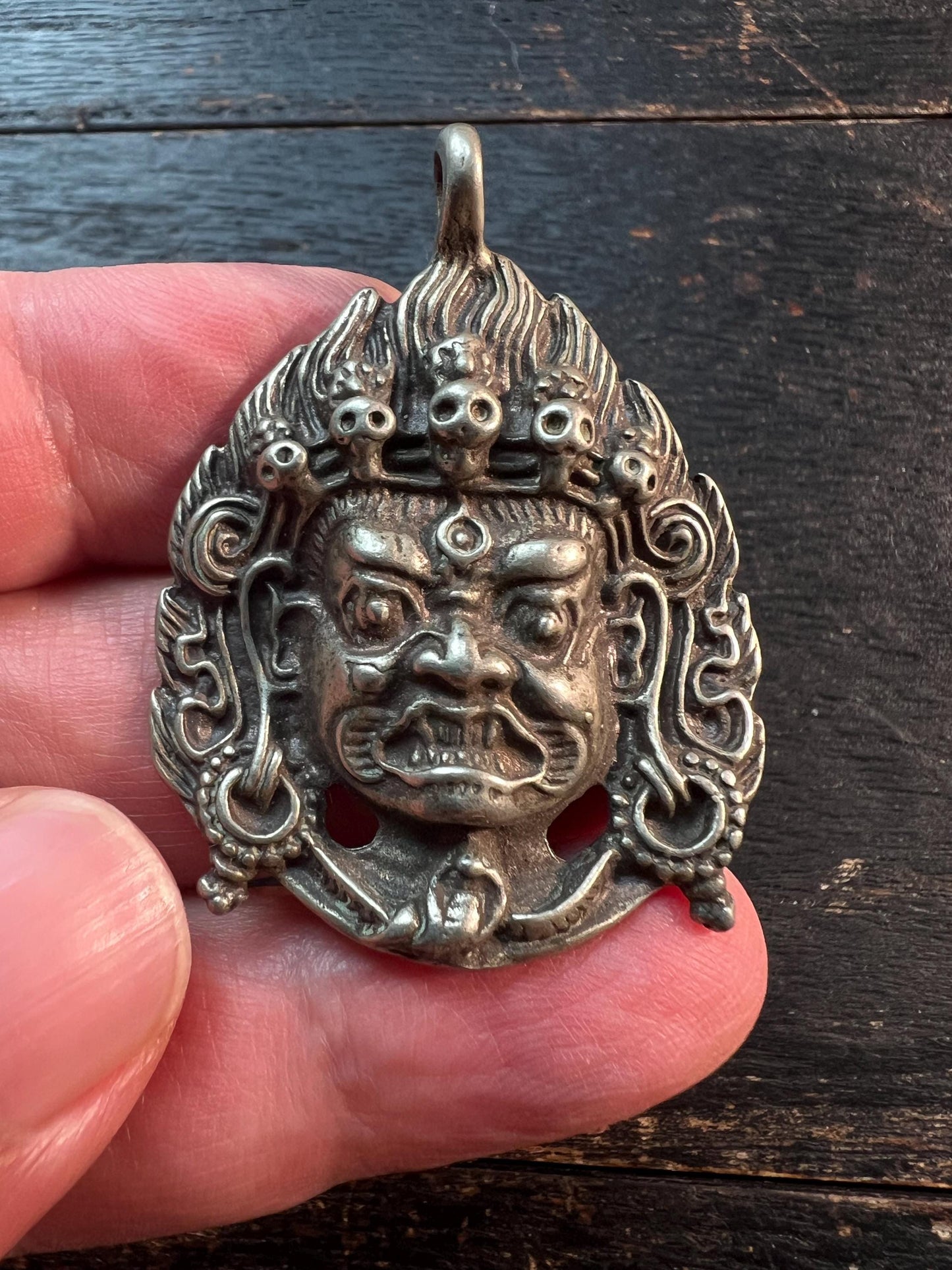 Old Tibetan Brass Mahakala Pendant | Wrathful Deity Buddha Head Amulet | Vintage Buddhist Talisman from Nepal Tibet