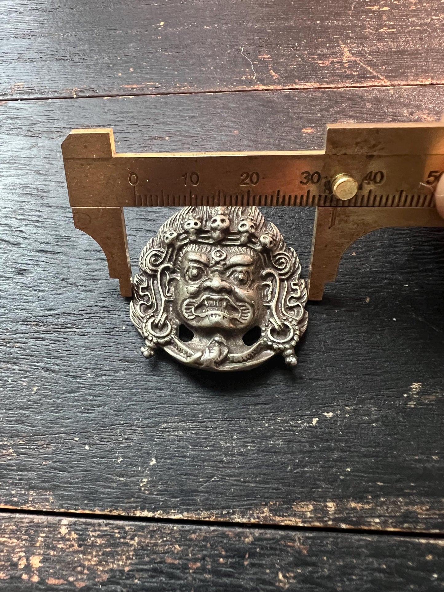 Old Tibetan Brass Mahakala Pendant | Wrathful Deity Buddha Head Amulet | Vintage Buddhist Talisman from Nepal Tibet