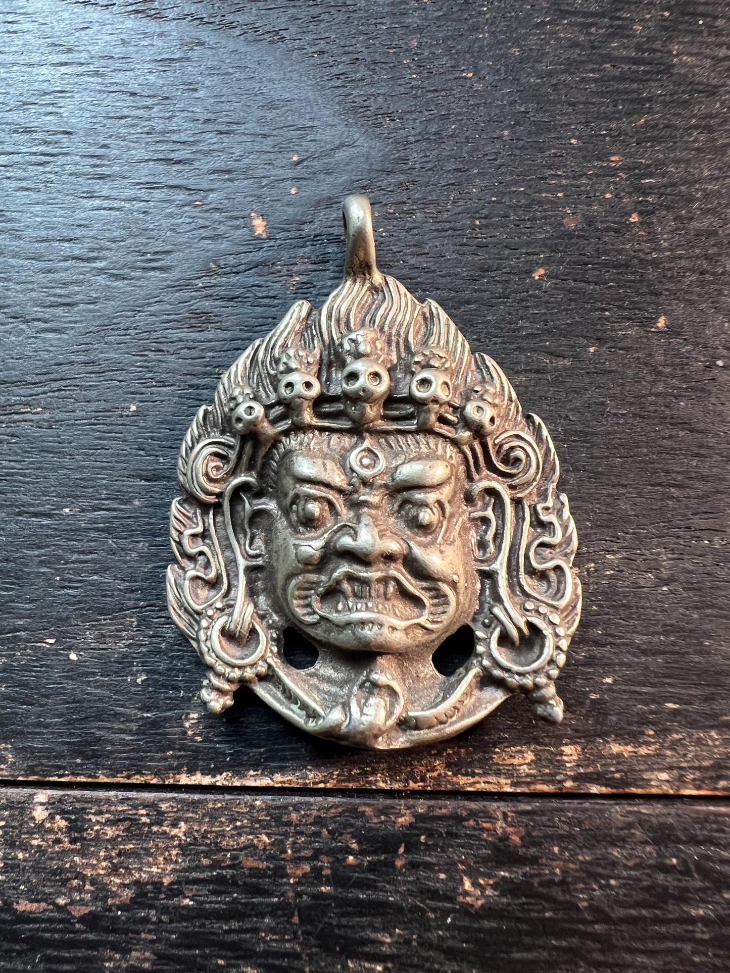 Old Tibetan Brass Mahakala Pendant | Wrathful Deity Buddha Head Amulet | Vintage Buddhist Talisman from Nepal Tibet