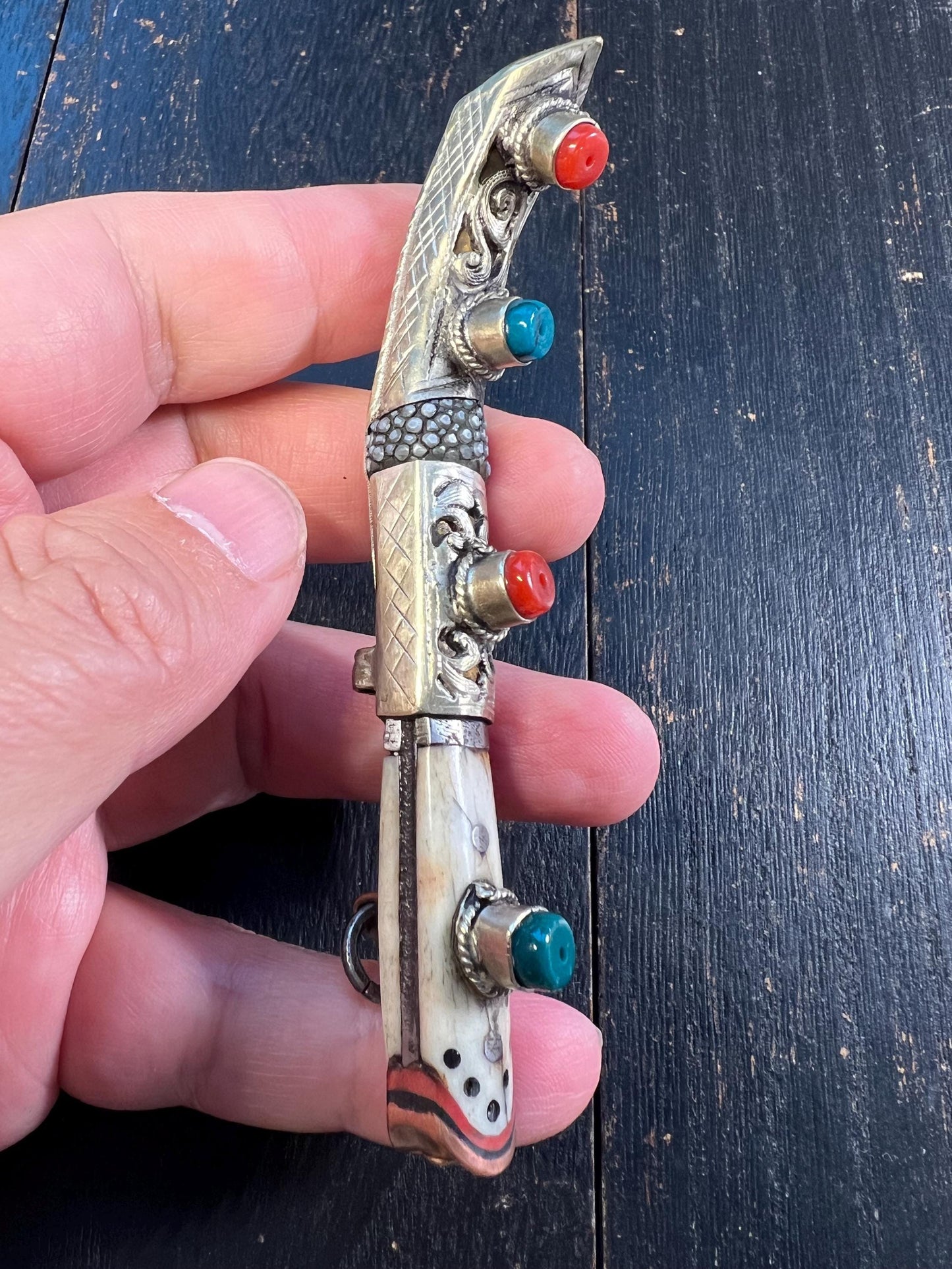 Handcrafted Tibetan Mini Knife – Brass, Bone & Gem Inlay, Coral Turquoise Stones, Ethnic Amulet Dagger