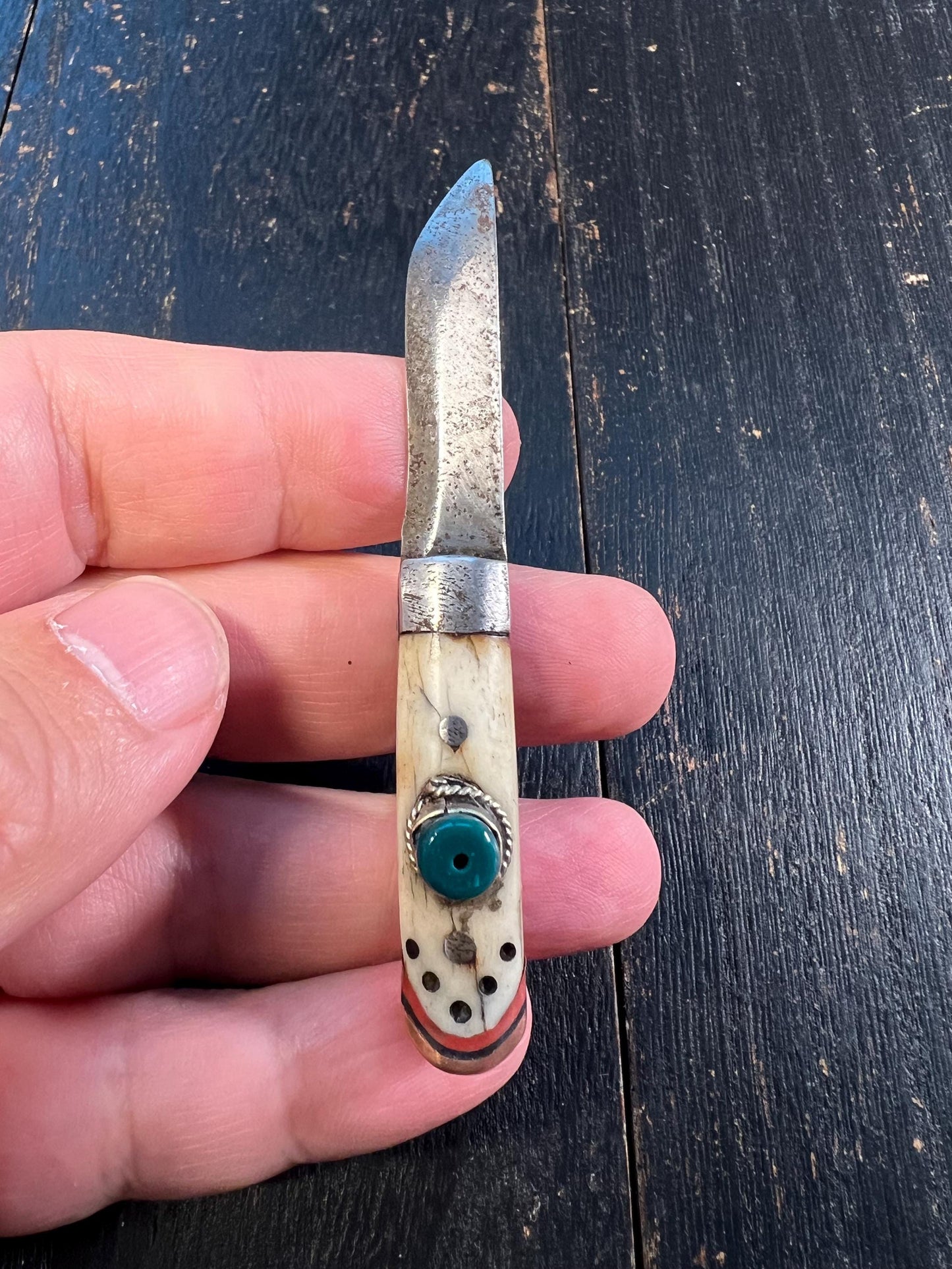 Handcrafted Tibetan Mini Knife – Brass, Bone & Gem Inlay, Coral Turquoise Stones, Ethnic Amulet Dagger