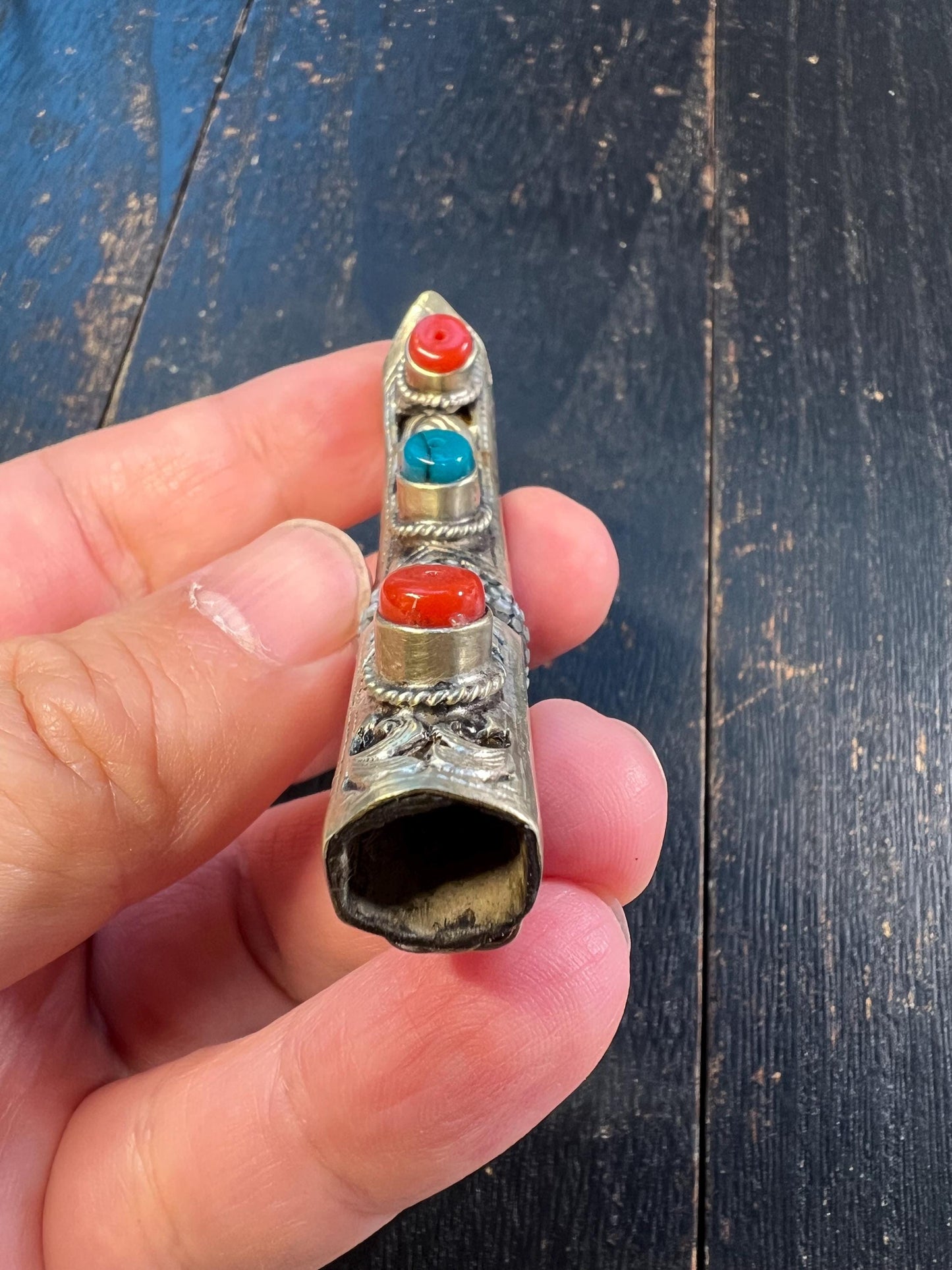 Handcrafted Tibetan Mini Knife – Brass, Bone & Gem Inlay, Coral Turquoise Stones, Ethnic Amulet Dagger