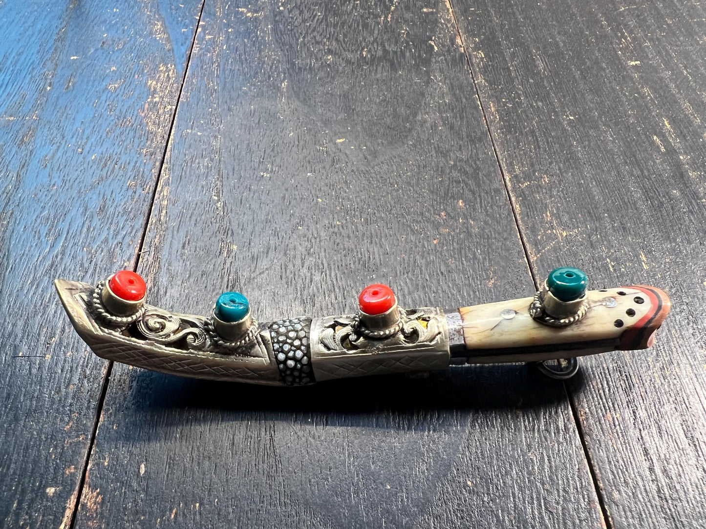 Handcrafted Tibetan Mini Knife – Brass, Bone & Gem Inlay, Coral Turquoise Stones, Ethnic Amulet Dagger