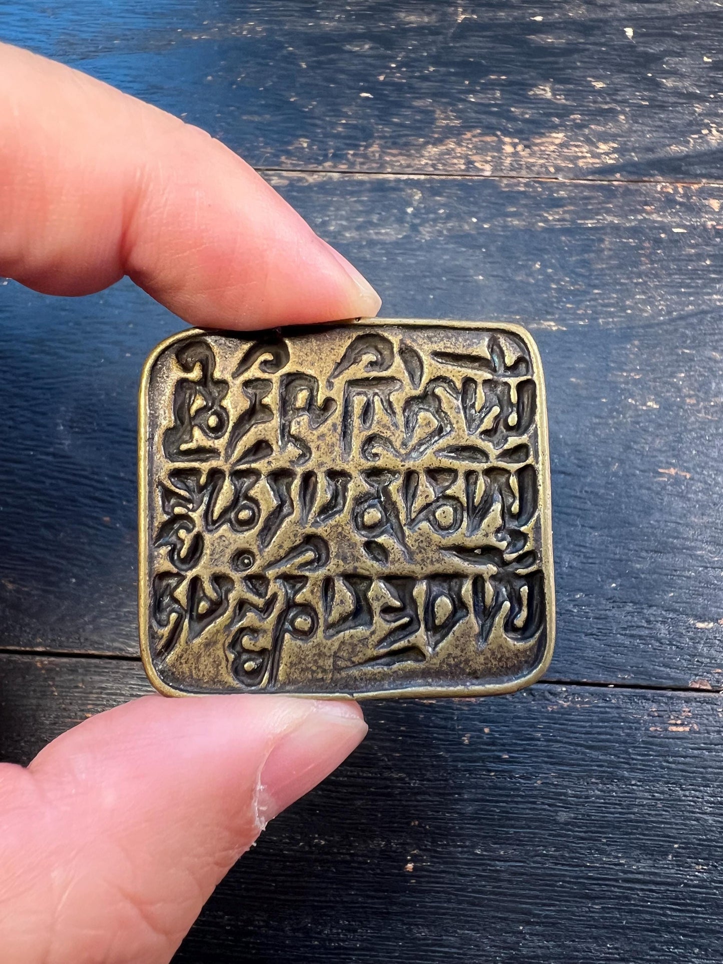 Vintage Tibetan Buddhism Sanskrit Seal Stamp, Confucian Classics Brass Amulet