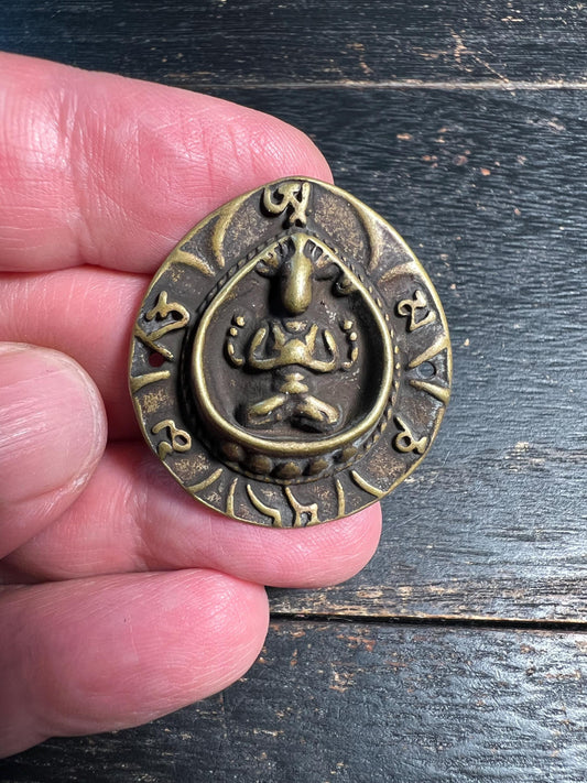 Vintage Tibetan Brass Kwan Yin Amulet | Four-Walled Avalokiteshvara Pendant | Buddhist Protection Talisman