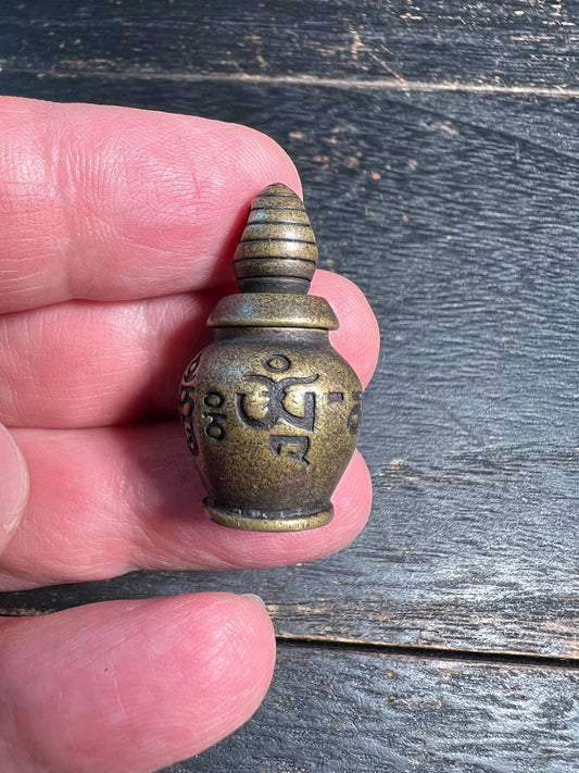 Vintage Tibetan Brass Treasure Vase Amulet | Buddhist Copper Pot Talisman Pendant | Tibetan Wealth Vase Mini Statue