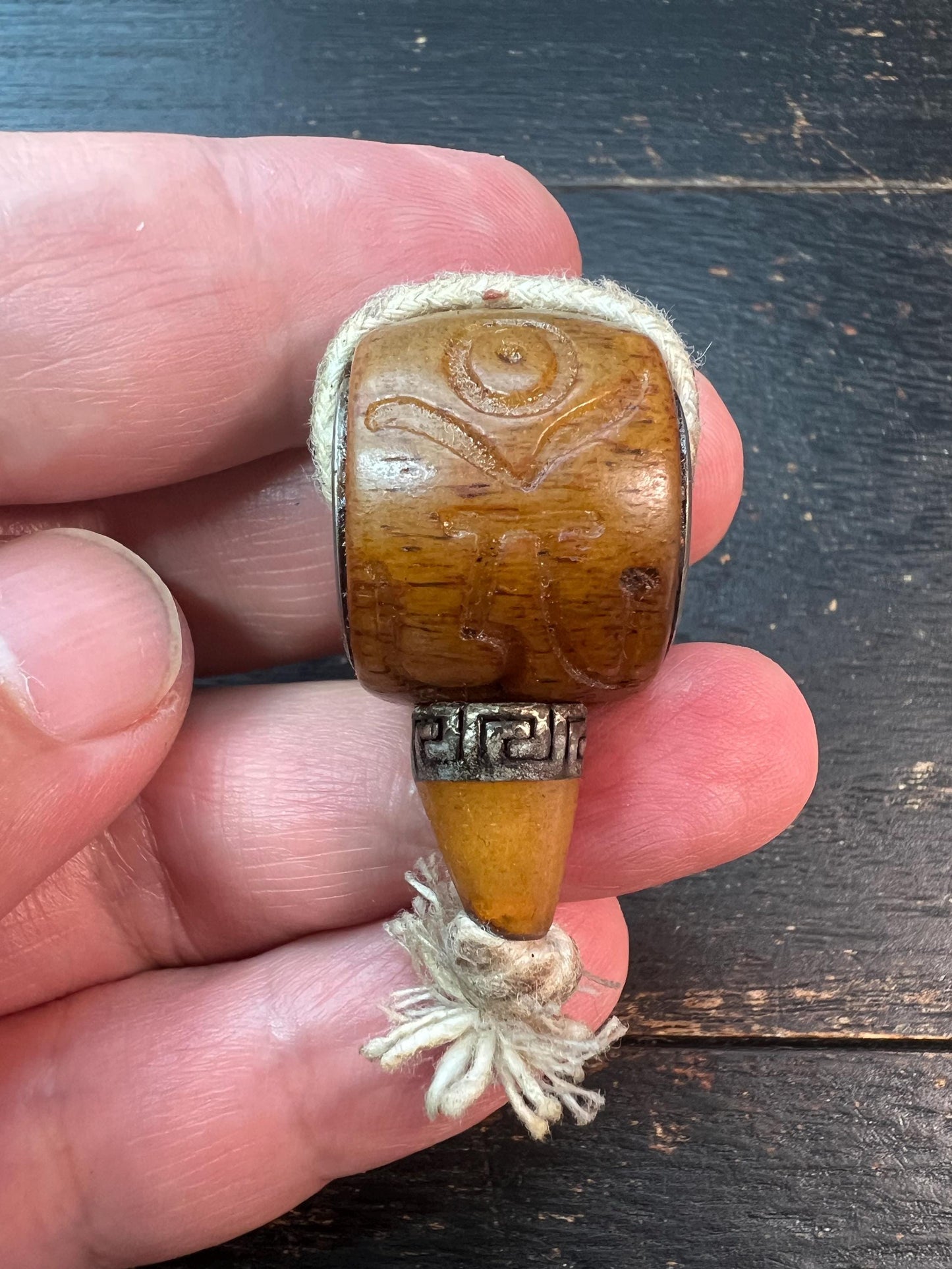 Hand-Carved Tibetan Yak Bone Guru Bead with Citipati Protector & (Om) Mantra – Spiritual Mala Connector with Brass Accent