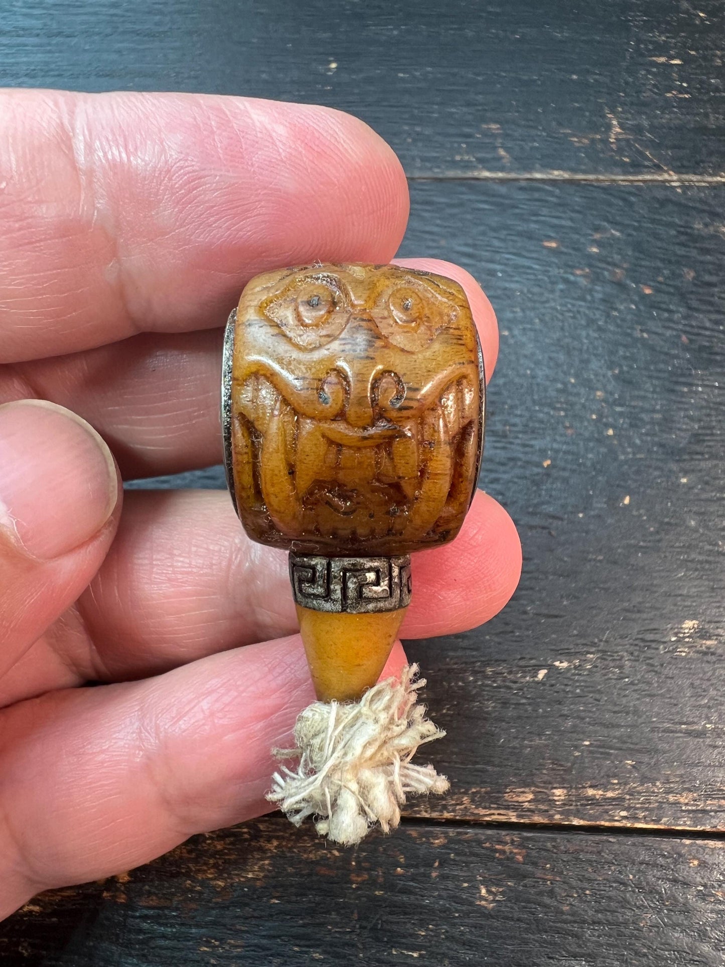 Hand-Carved Tibetan Yak Bone Guru Bead with Citipati Protector & (Om) Mantra – Spiritual Mala Connector with Brass Accent