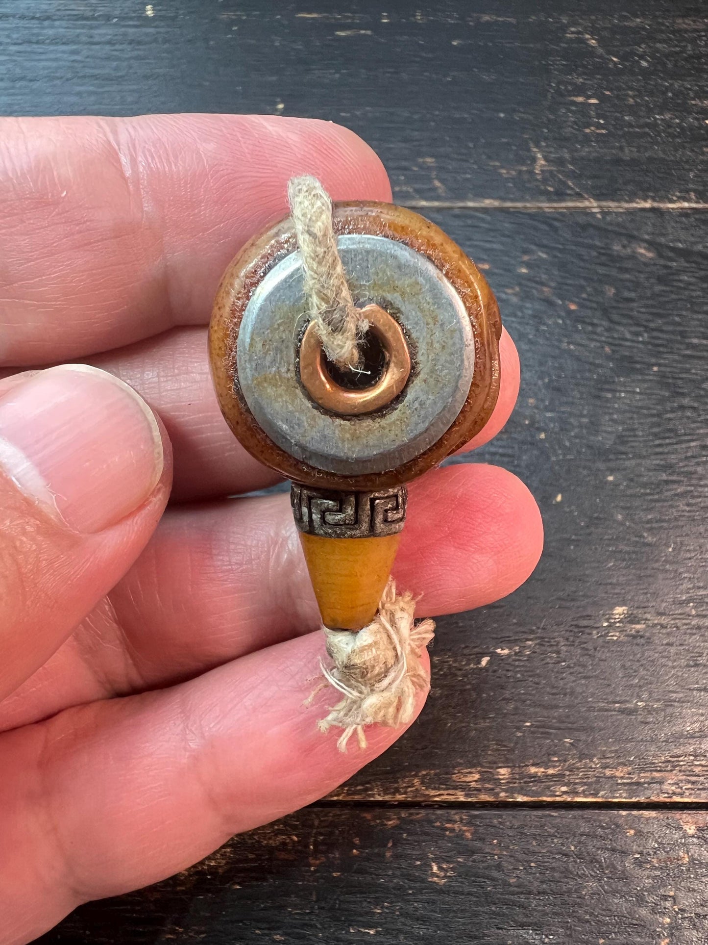 Hand-Carved Tibetan Yak Bone Guru Bead with Citipati Protector & (Om) Mantra – Spiritual Mala Connector with Brass Accent