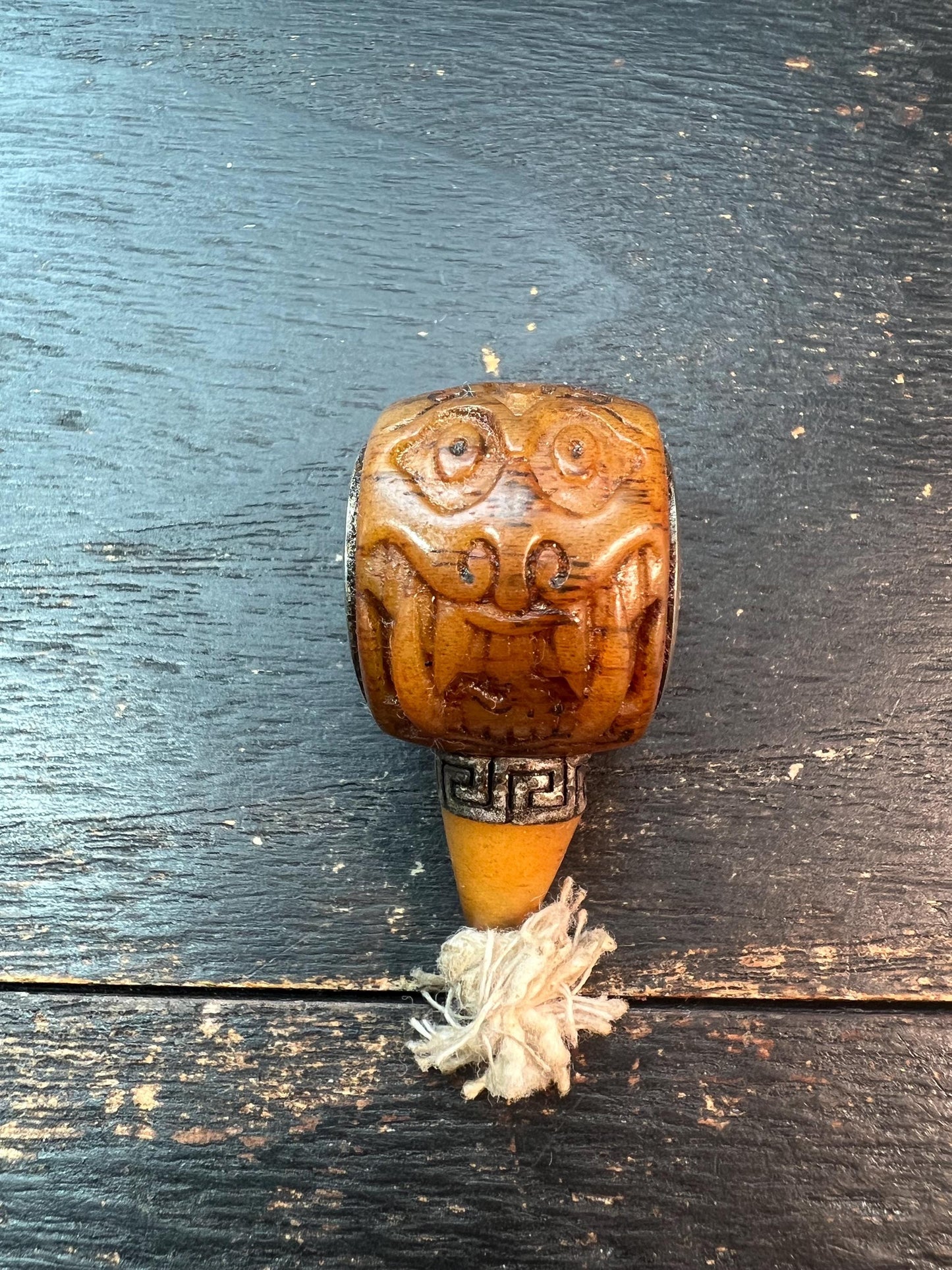 Hand-Carved Tibetan Yak Bone Guru Bead with Citipati Protector & (Om) Mantra – Spiritual Mala Connector with Brass Accent
