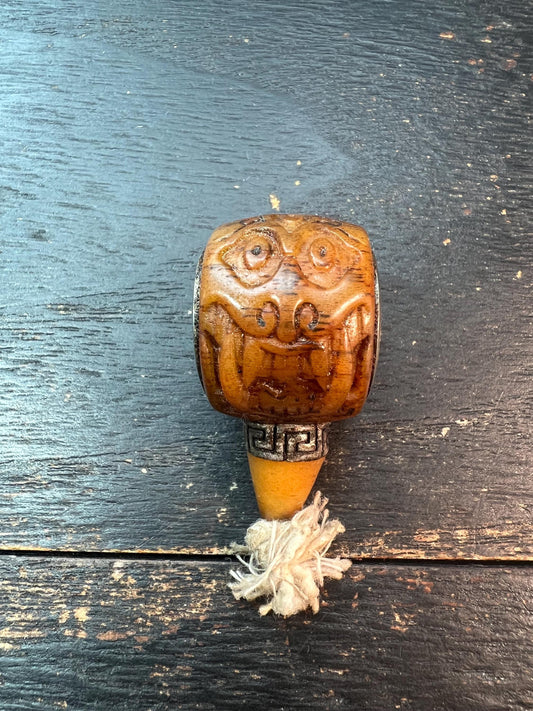 Hand-Carved Tibetan Yak Bone Guru Bead with Citipati Protector & (Om) Mantra – Spiritual Mala Connector with Brass Accent