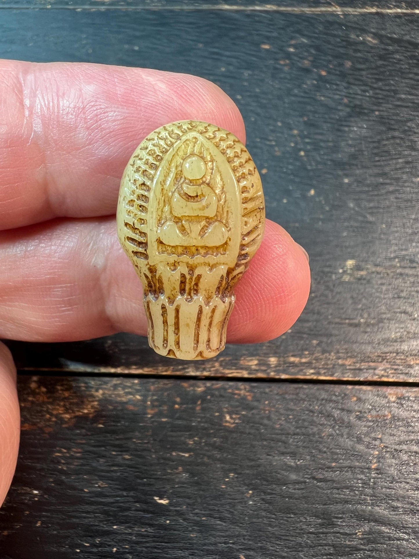 Tibetan Camel Bone Guru Bead – Carved Buddha & Mantra Dots, Three-Way Connector