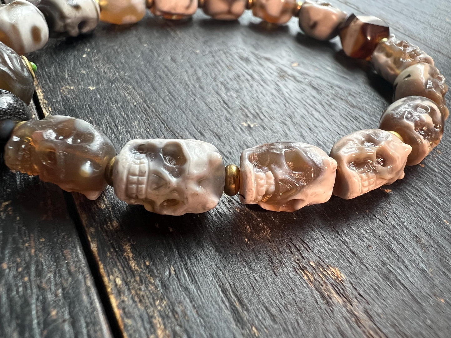 Tibetan Skull Mala Bracelet: Agate Charnel Beads, Dragon Dzi, Vajra Amulet