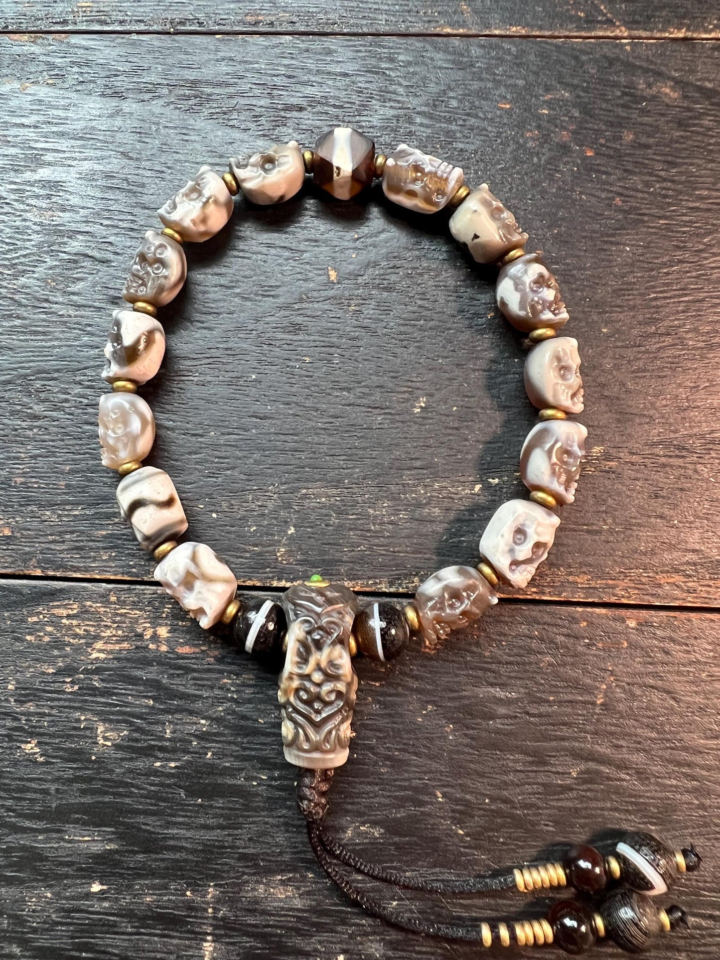 Tibetan Skull Mala Bracelet: Agate Charnel Beads, Dragon Dzi, Vajra Amulet