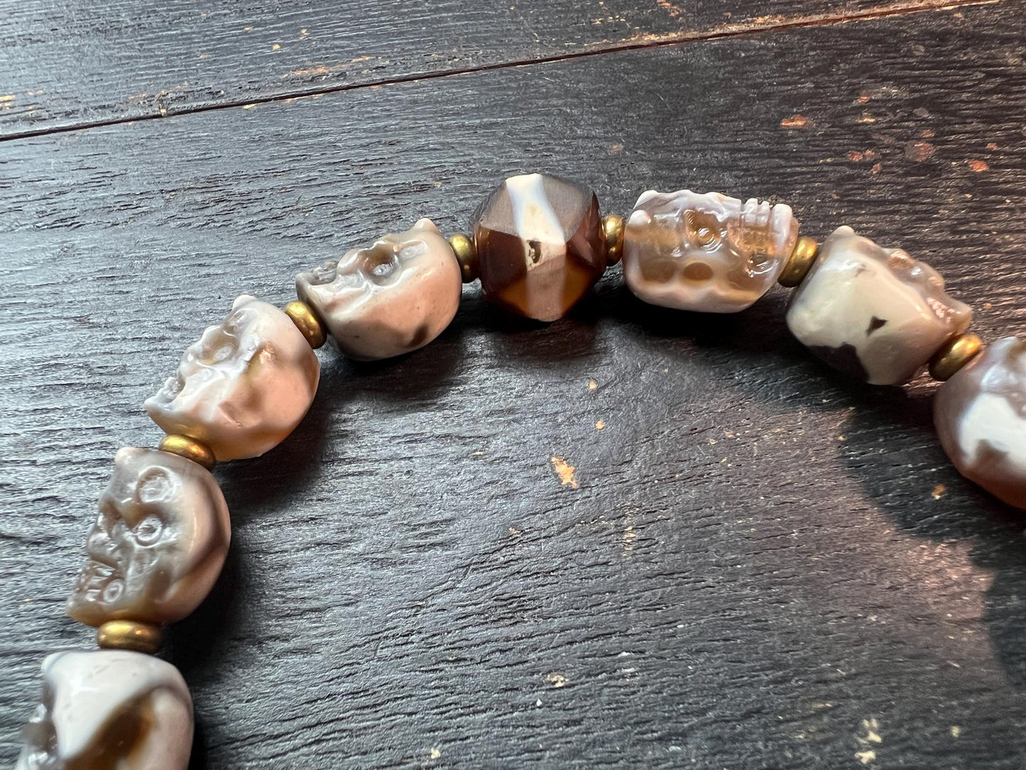 Tibetan Skull Mala Bracelet: Agate Charnel Beads, Dragon Dzi, Vajra Amulet