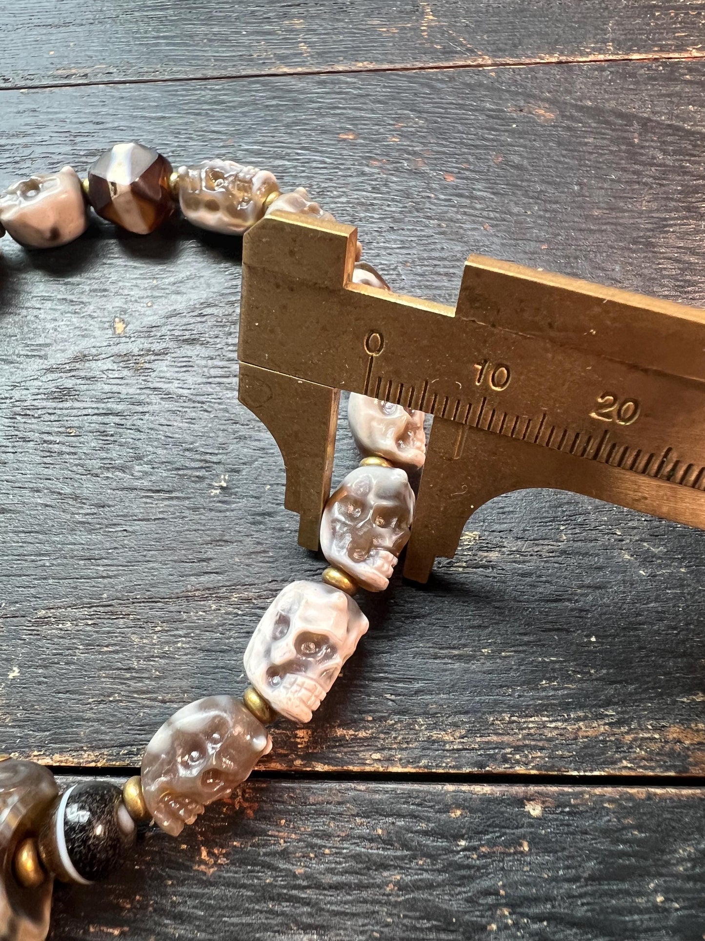 Tibetan Skull Mala Bracelet: Agate Charnel Beads, Dragon Dzi, Vajra Amulet