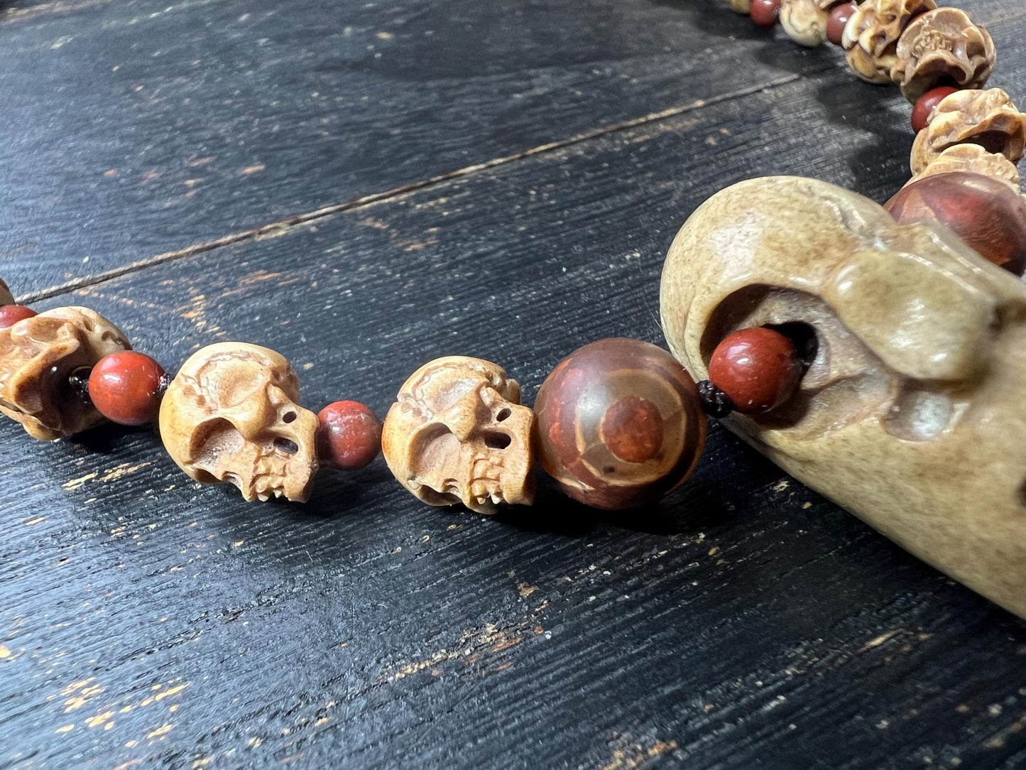 Hand-Carved Tibetan Deer Antler Skull Necklace, Citipati Guardian Mala Pendant, Red Accent Beads, Adjustable Cord, Spiritual Jewelry, Nepal