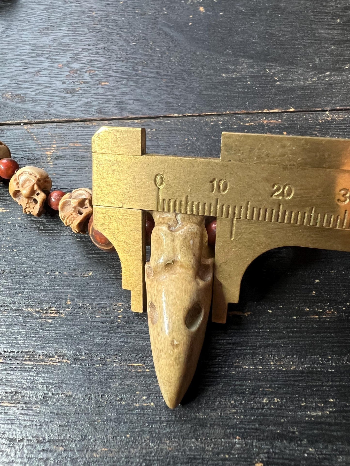 Hand-Carved Tibetan Deer Antler Skull Necklace, Citipati Guardian Mala Pendant, Red Accent Beads, Adjustable Cord, Spiritual Jewelry, Nepal